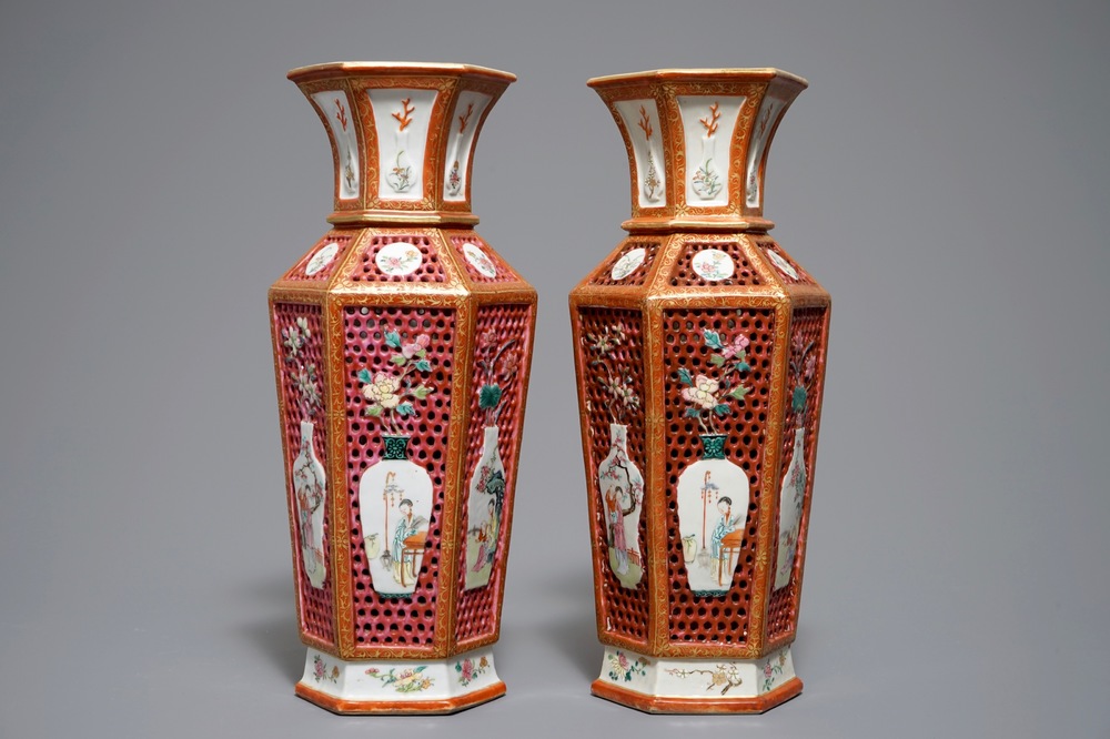 A pair of reticulated double-walled hexagonal Chinese famille rose vases, Yongzheng