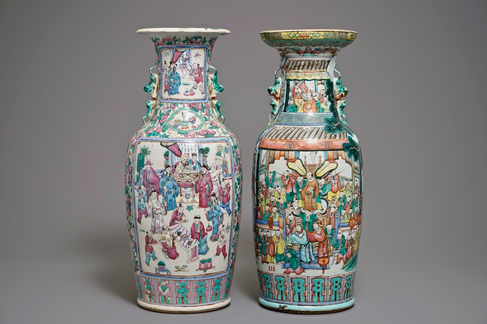 Two large Chinese famille rose vases with figurative design, 19th C.