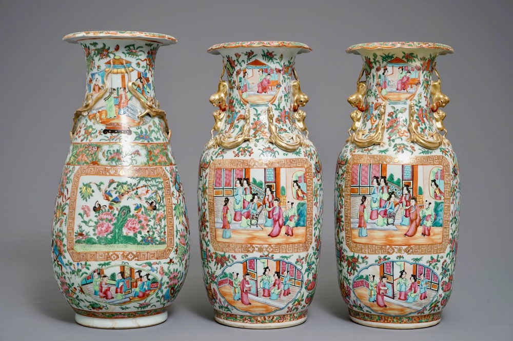 Three Chinese Canton famille rose vases, 19th C.