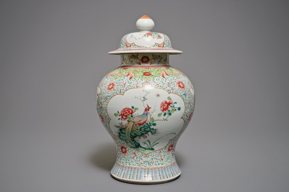 A Chinese famille rose vase and cover, Qianlong mark, 19th C.