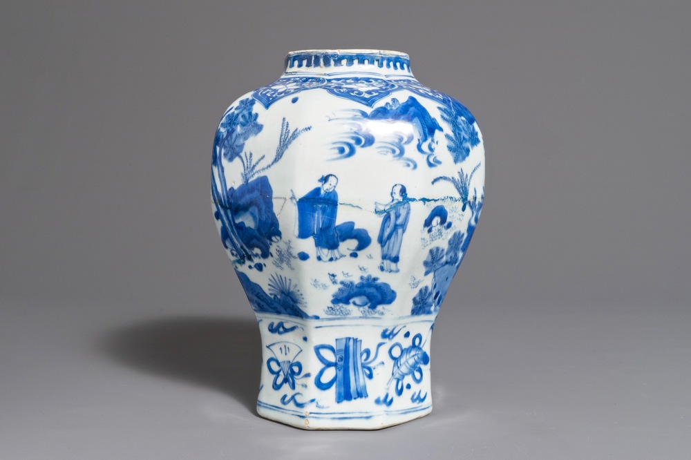 A Chinese blue and white baluster vase with figures in a landscape, Transitional period