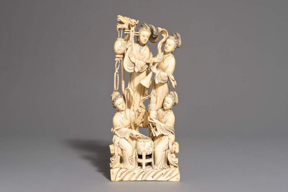 A Chinese carved ivory group of female musicians, 19th C.