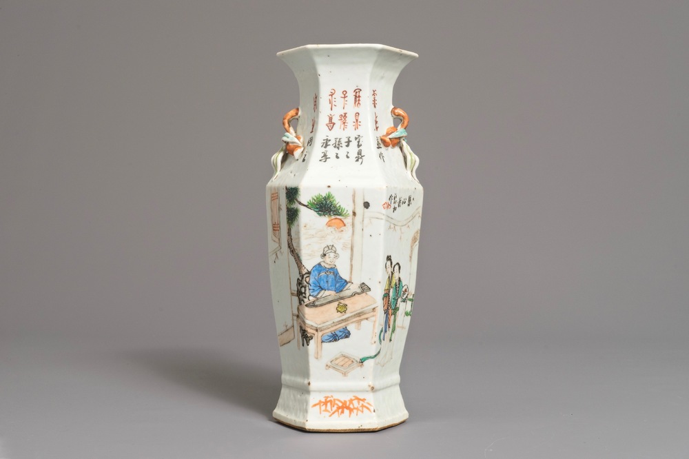 A Chinese hexagonal qianjiang cai vase, 19/20th C.