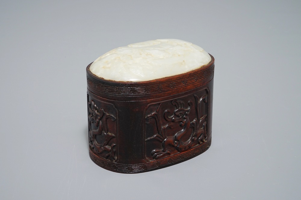 A Chinese jade top carved mahogany box, 19/20th C.