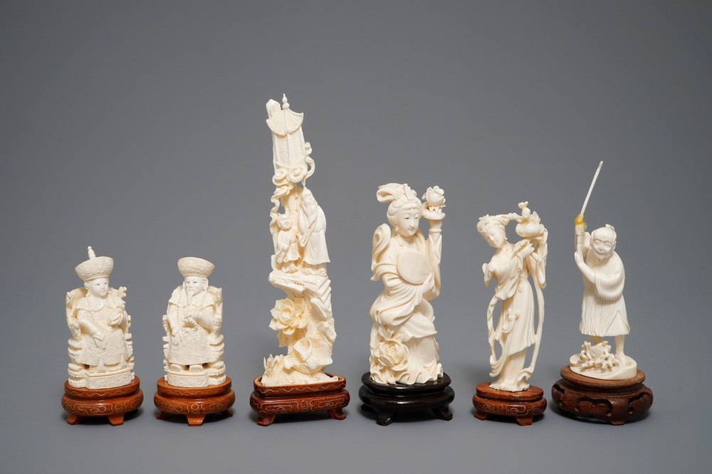 Six various Chinese carved ivory figures on wooden bases, 19/20th C.