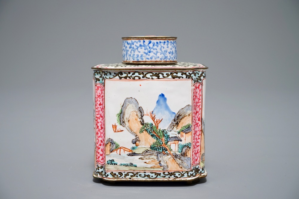 A Chinese Canton enamel tea caddy and cover, Qing