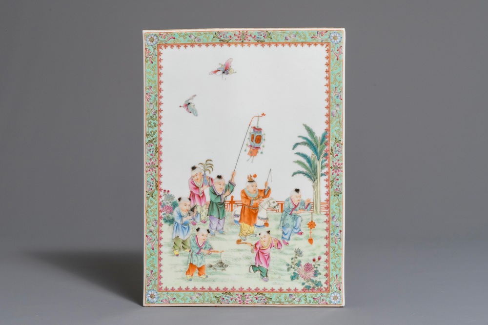 20世纪山半叶 粉彩婴戏图瓷板