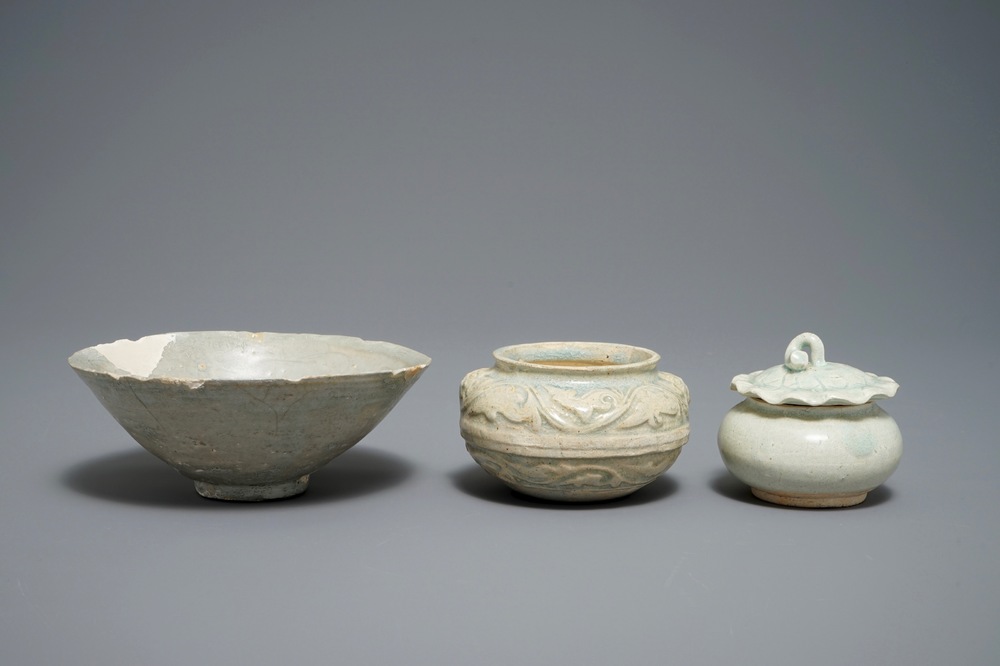 Three Chinese qingbai and grey-glazed bowls and jarlets, Song and Ming