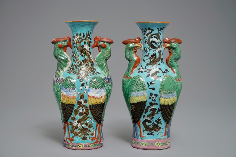 A pair of Chinese Dayazhai-style vases with dragons and phoenixes, 19/20th C.