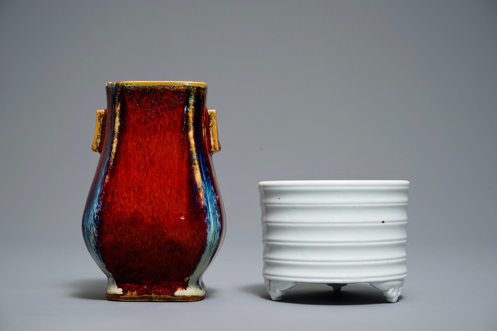 A Chinese blanc de Chine incense burner and a flamb&eacute; fanghu vase, 19/20th C.