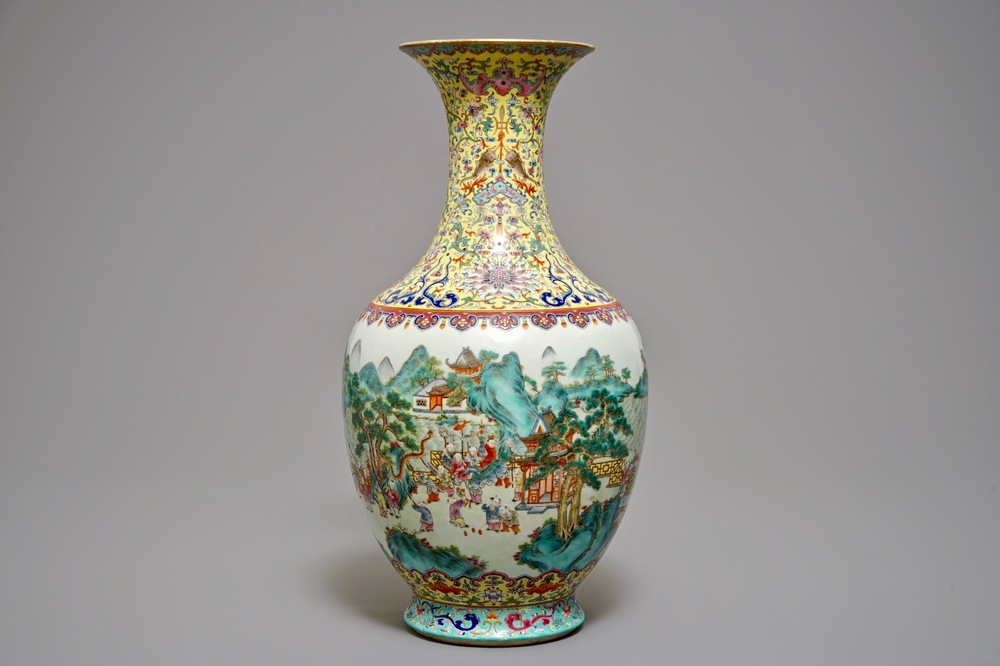 A Chinese famille rose 'hundred boys' vase, Jiaqing mark, 19/20th C.