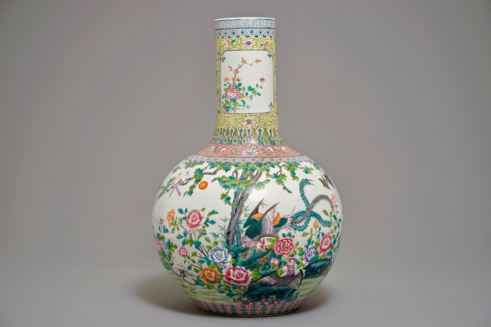 A Chinese famille rose tianqiu ping vase with birds among foliage, Qianlong mark, 20th C.