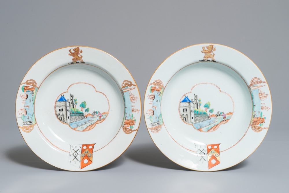 A pair of Chinese famille rose armorial English market plates, Qianlong