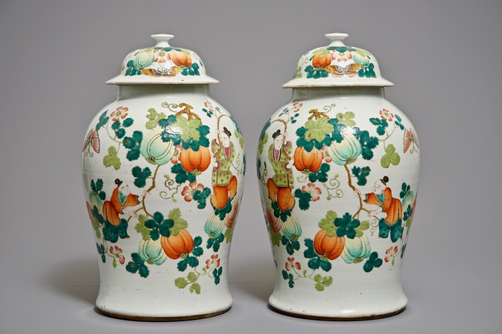 A pair of Chinese famille rose covered vases with boys among pumpkin vines, 19th C.