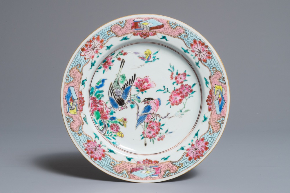 A Chinese famille rose plate with birds on blossoms, Yongzheng/Qianlong