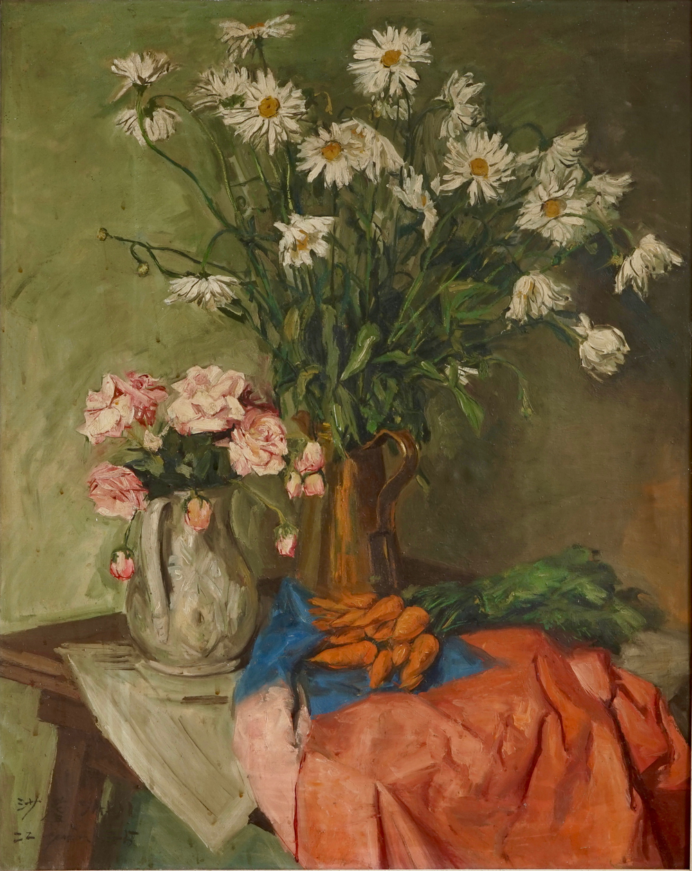 Sadji (Sha Qi, Sha Yinnian) (1914-2005), A still life with flowers and carrots, oil on canvas, dated 1945
