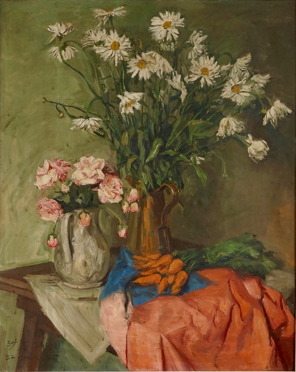 Sadji (Sha Qi, Sha Yinnian) (1914-2005), Nature morte aux fleurs et carottes, huile sur toile, dat&eacute; 1945