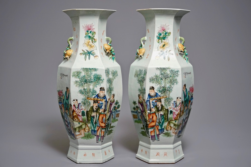 A pair of hexagonal Chinese famille rose &quot;Seven Sages of the Bamboo Grove&quot; vases, signed Pan Zhaotang, 1st half 20th C.