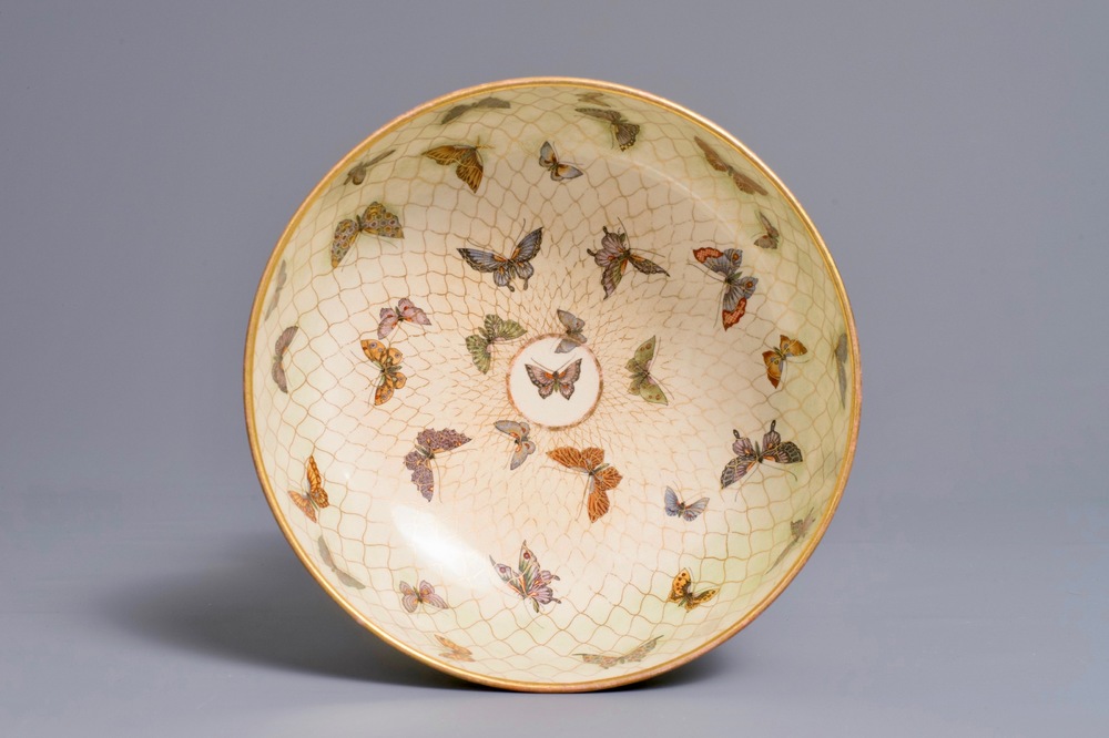 A Japanese Satsuma bowl with netted butterflies, Meiji, 19th C.