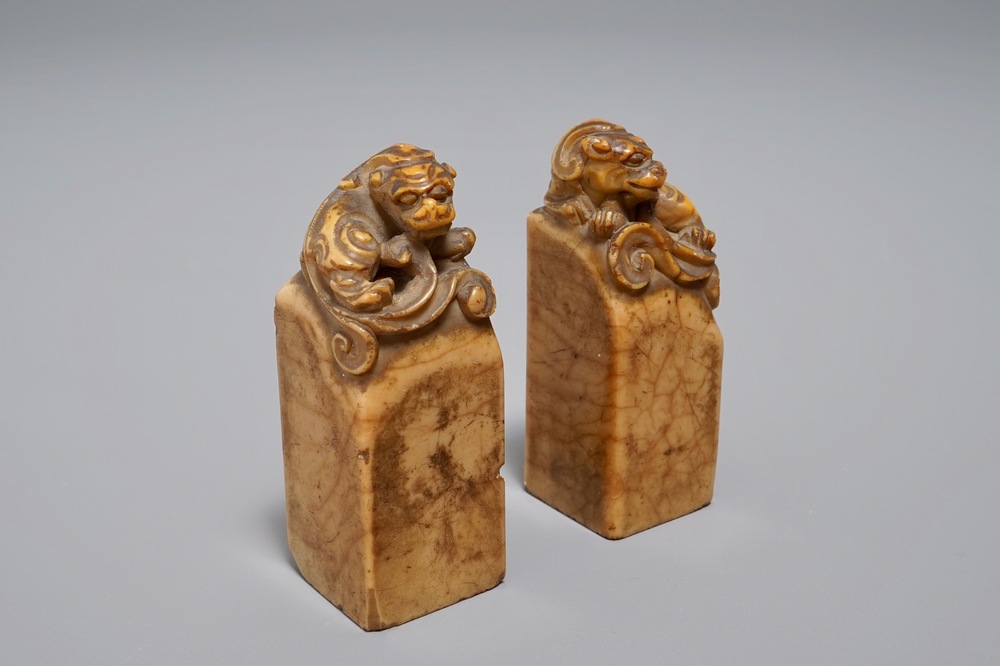 Two Chinese Shoushan stone seals with Buddhist lions, 19/20th C.