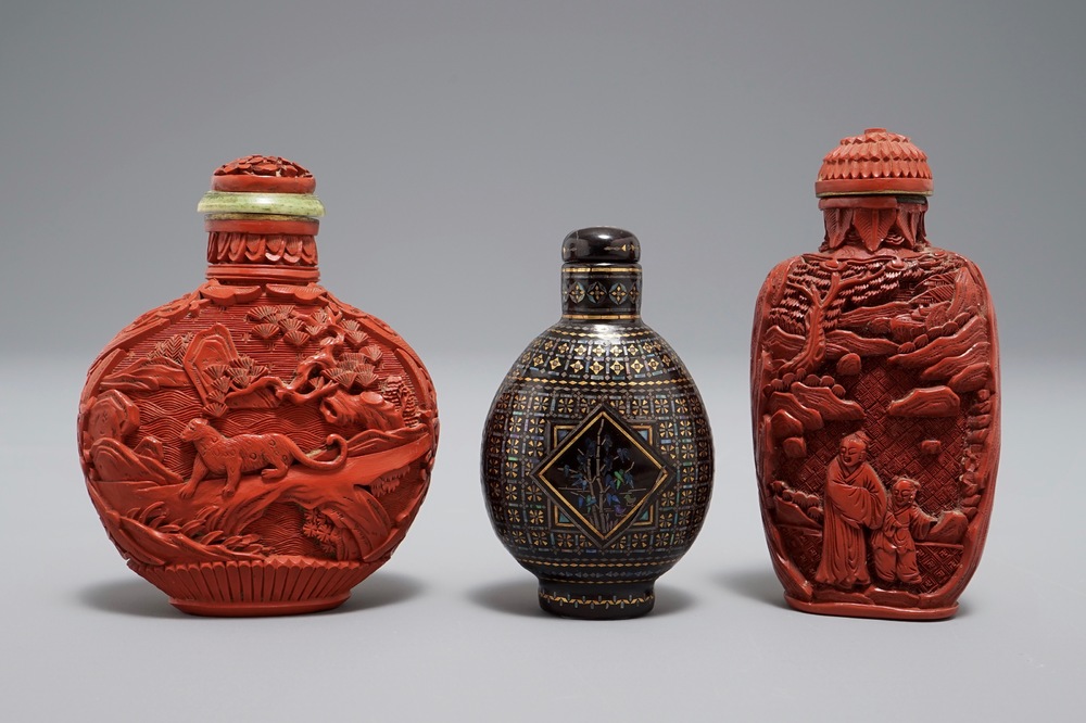 Two Chinese cinnabar lacquer snuff bottles and a Japanese lac burgaute example, 19th C.