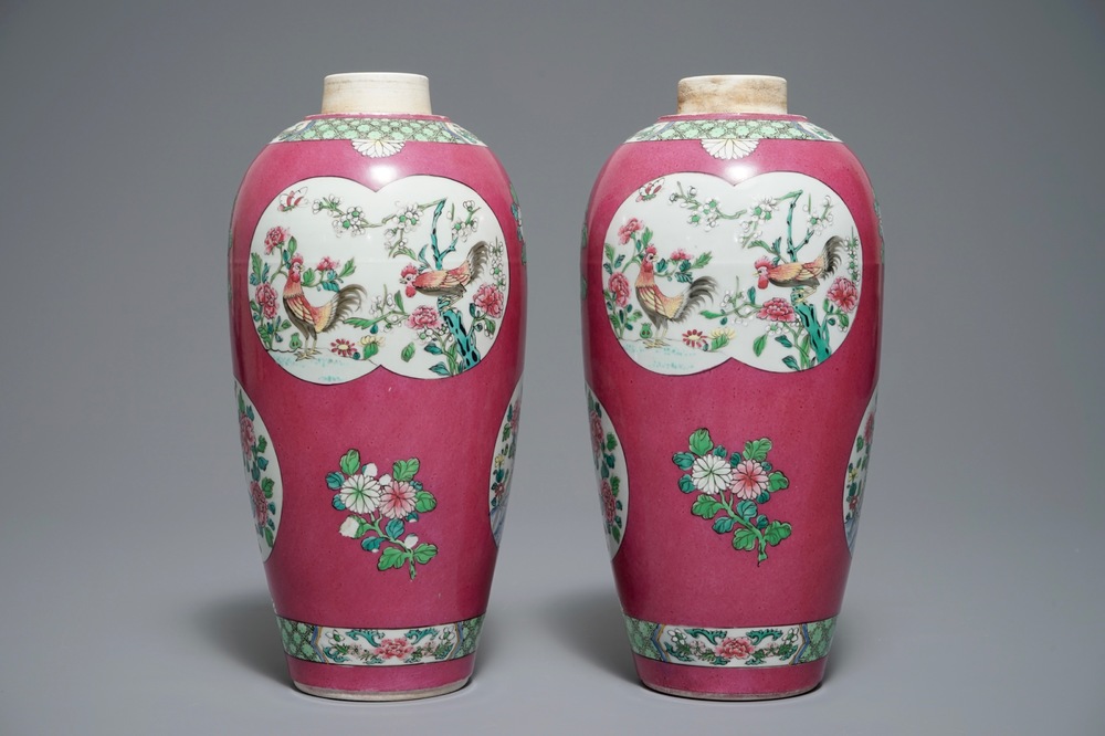 A pair of famille rose style vases with roosters on a pink ground, Samson, Paris, 19th C.