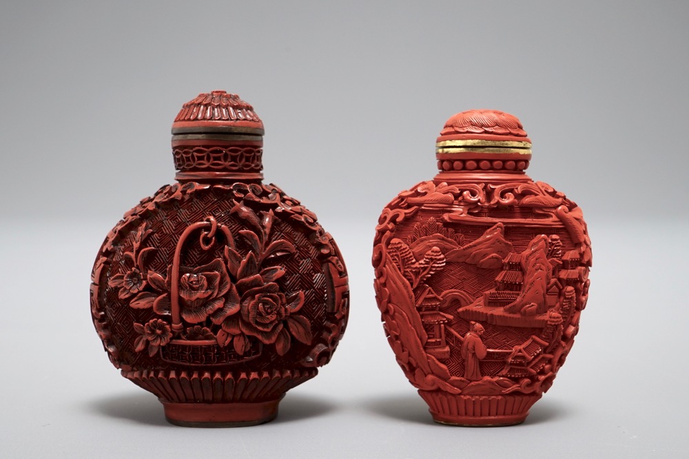 Two Chinese cinnabar lacquer snuff bottles, Qianlong marks, 19th C.