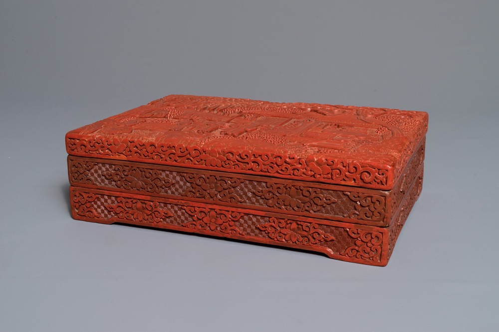 A rectangular Chinese cinnabar lacquer three-tier box and cover with figures in a garden, 19th C.