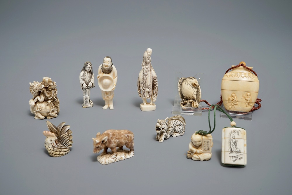 A collection of Japanese carved ivory netsuke and inro, Meiji to Showa, 19/20th C.