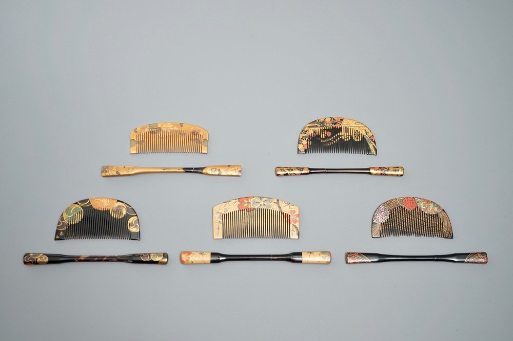 Ten sets of Japanese lacquer Kushi combs and Kougai hair pins, Meiji, 19th C.