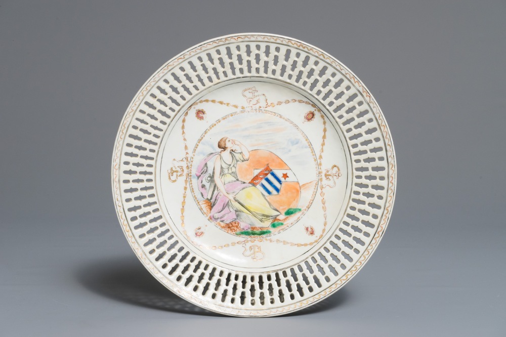 A Chinese reticulated famille rose English market plate with the arms of Ker-Martin, Qianlong