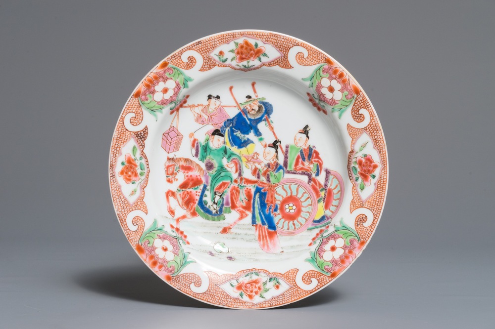 A Chinese famille rose plate with figures around a carriage, Yongzheng