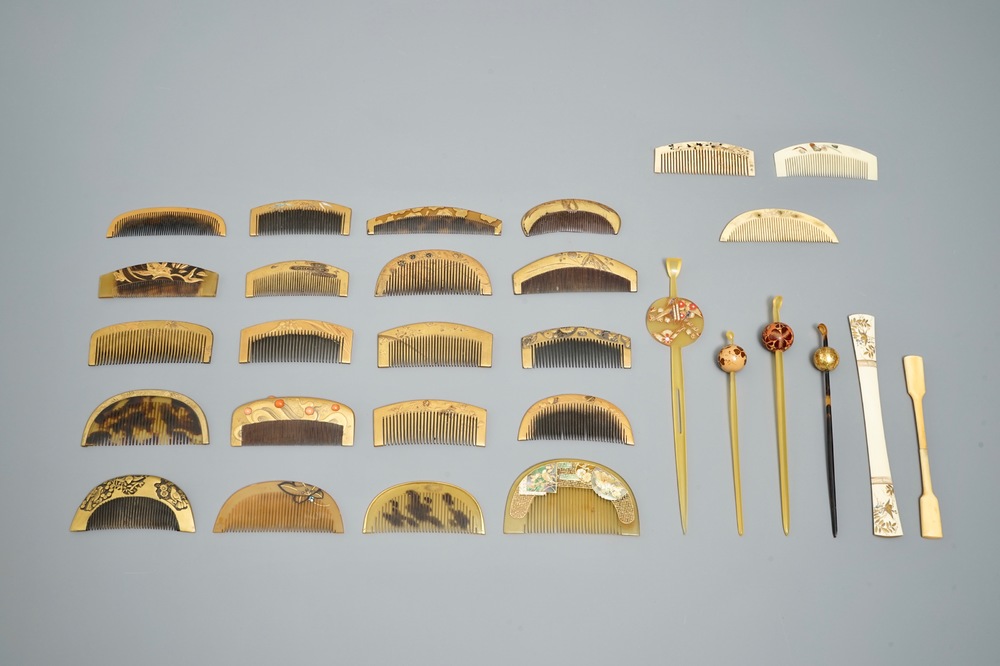 A collection of 42 Japanese ivory and lacquer Kushi combs and 18 Kougai hair pins, Meiji, 19th C.