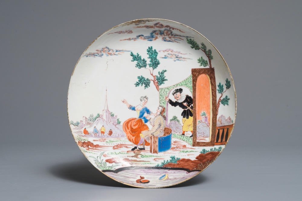 A Chinese Dutch-decorated Amsterdams bont plate with a Commedia Dell'Arte scene, Qianlong