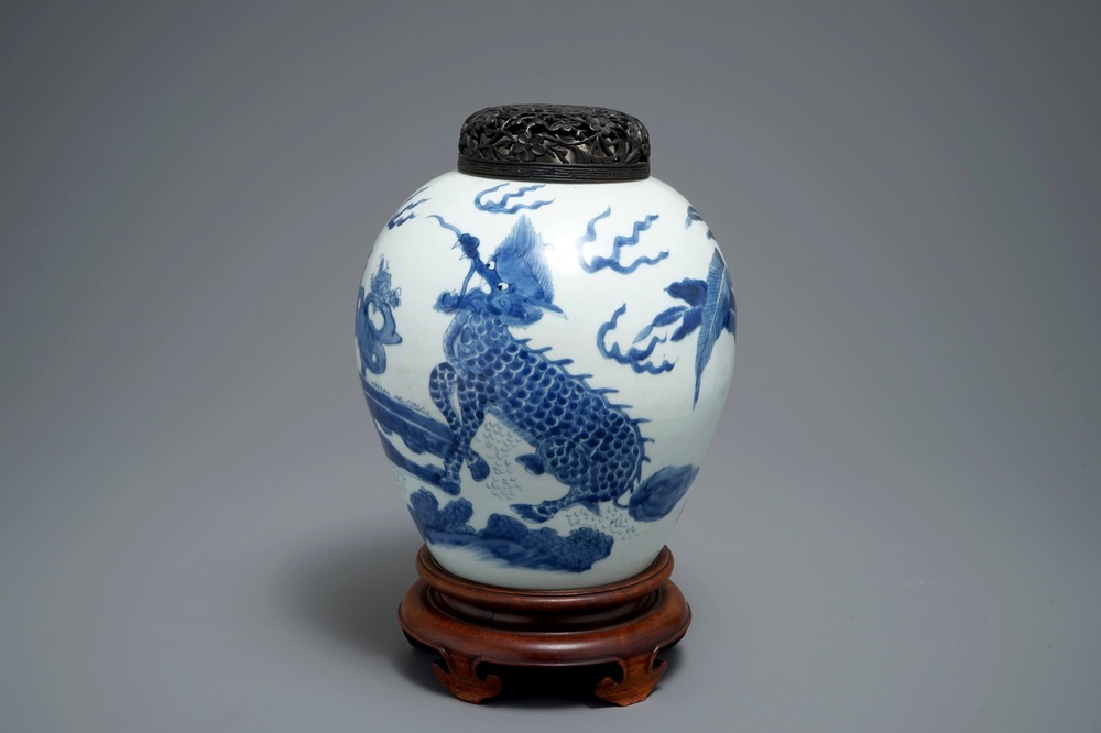A Chinese blue and white 'qilin' jar, Transitional period