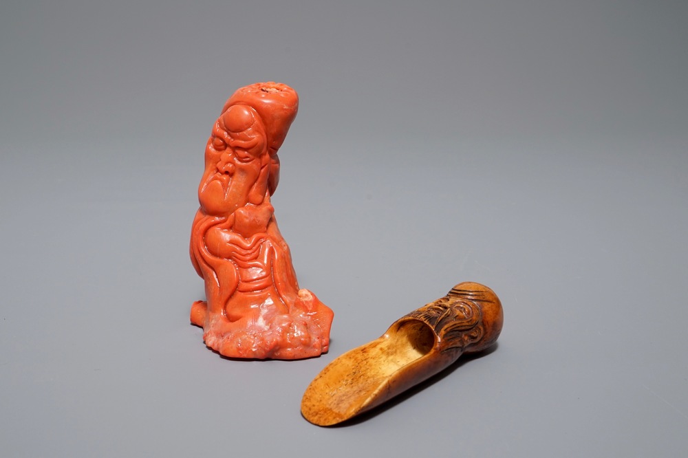 A Chinese carved coral figure and an ivory tea spoon, 19th C.