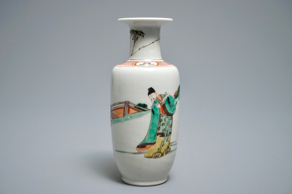 A Chinese famille verte rouleau vase with figures in a landscape, Kangxi