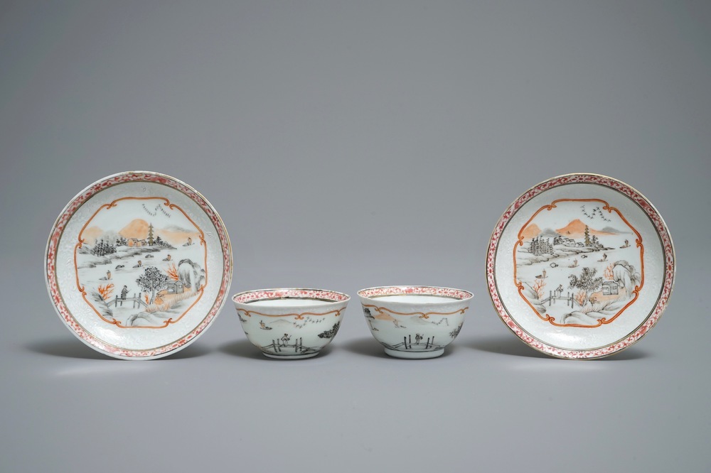 A pair of Chinese famille rose bianco sopra bianco cups and saucers, Qianlong