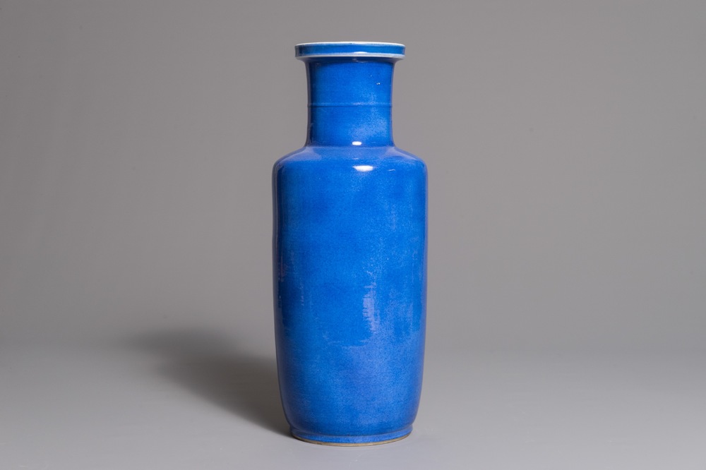 A Chinese monochrome powder blue rouleau vase, Kangxi