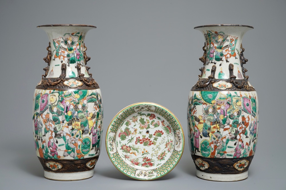 A pair of Chinese Nanking crackle-glazed vases and a Canton verte deep dish, 19th C.