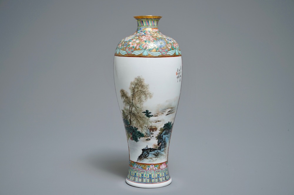 A Chinese famille rose eggshell vase with landscapes, 20th C.