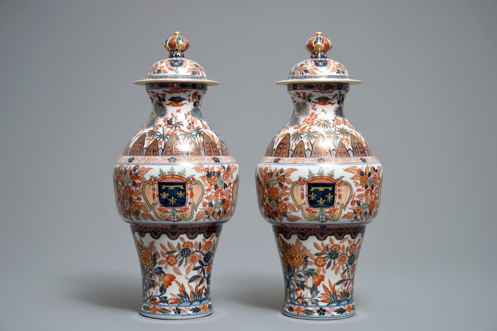 A pair of Imari-style vases and covers with the arms of Orl&eacute;ans, Samson, Paris, 19th C.