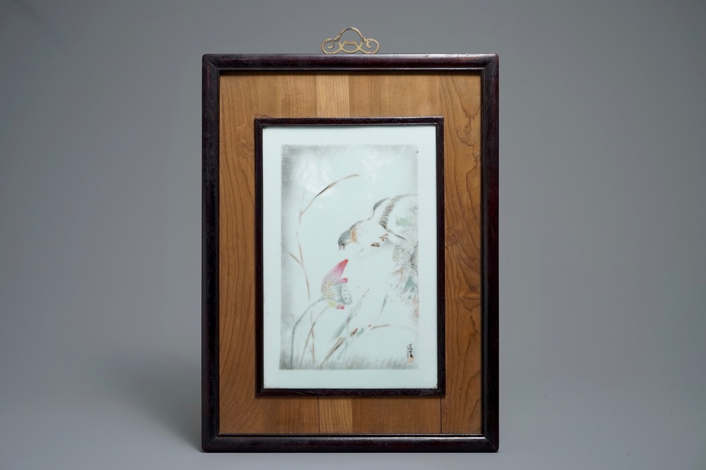 20世纪 浅绛彩木框方瓷板
