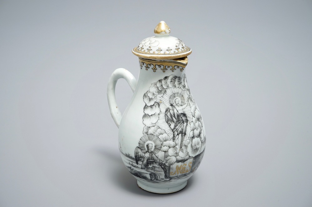 A Chinese grisaille and gilt milk jug and cover &quot;The Resurrection&quot;, Qianlong