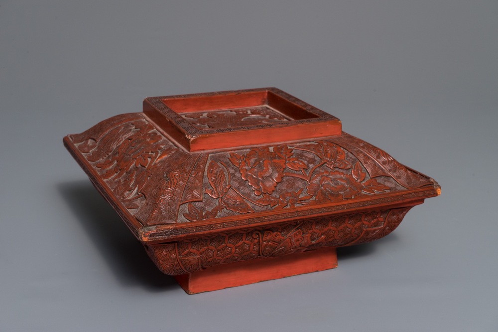 A Chinese cinnabar lacquer square bowl and cover with a qilin, 17/18th C.