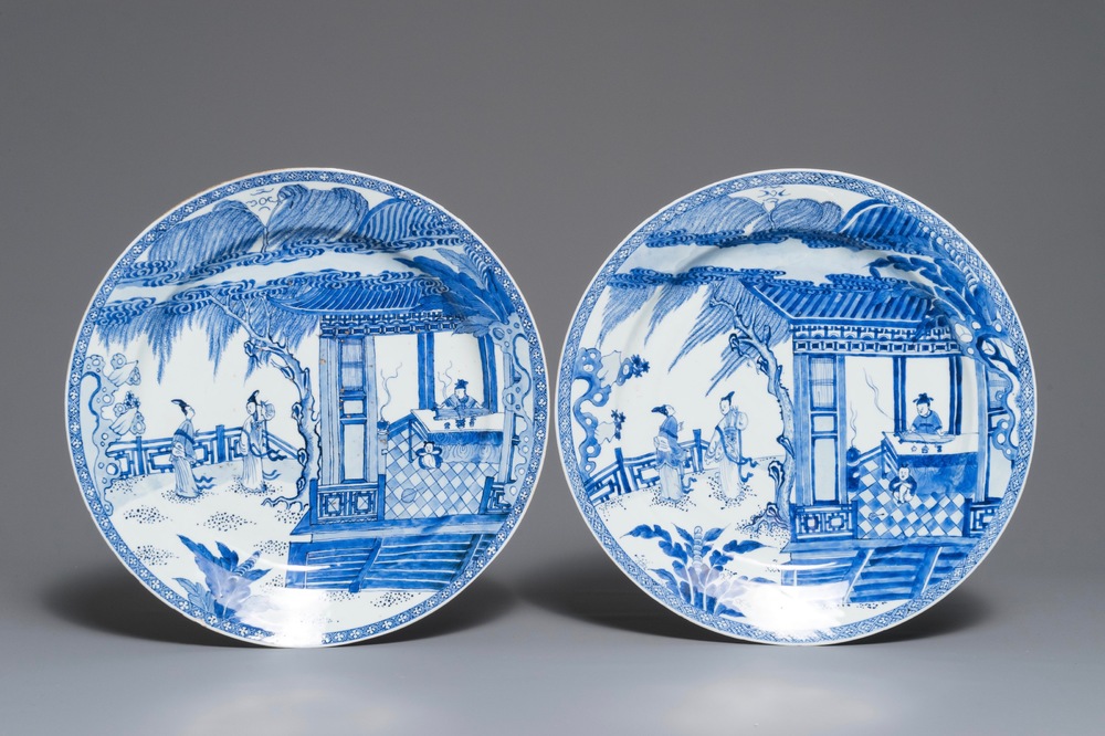 A pair of Chinese blue and white 'Romance of the Western Chamber' chargers, Yongzheng