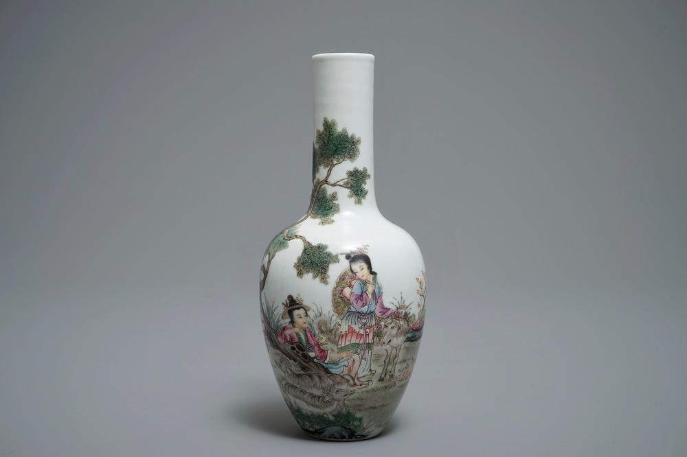 A Chinese famille rose vase with shepherdesses and their sheep, Qianlong mark, 20th C.