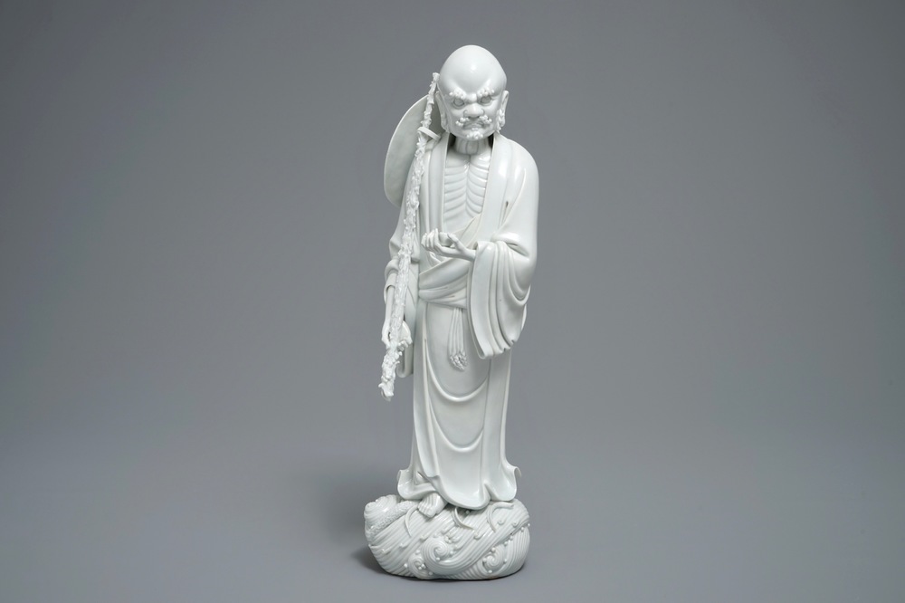 Un mod&egrave;le de Damo en porcelaine blanc de Chine de Dehua, marque de Boji yuren, 19&egrave;me