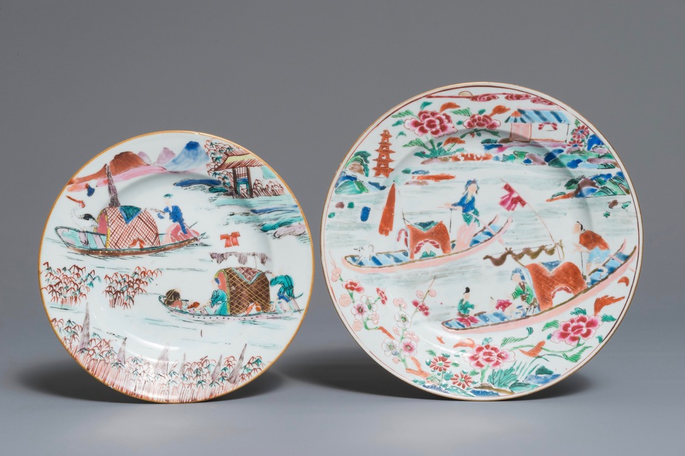 Two Chinese famille rose plates with figures in boats, Yongzheng/Qianlong