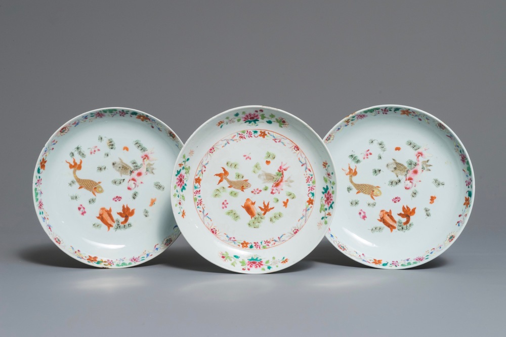 Three Chinese famille rose plates with carps, Qianlong